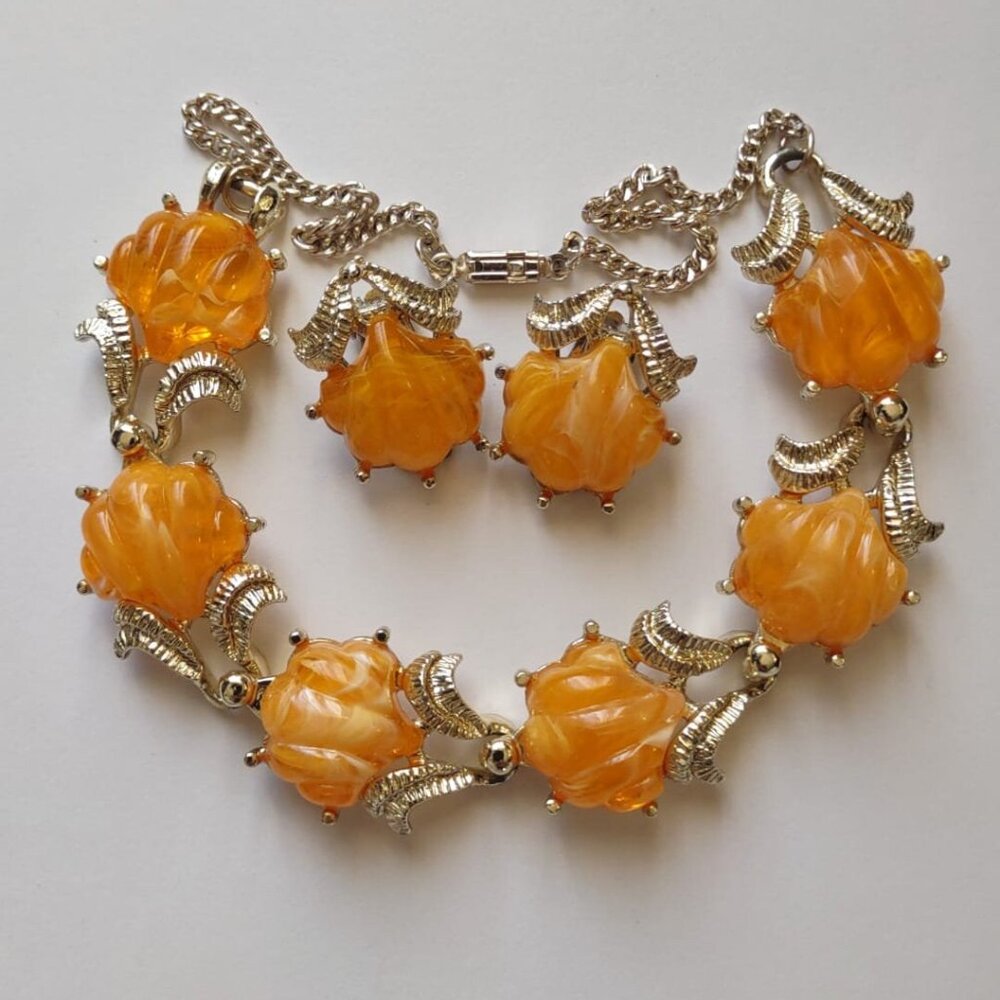 Vintage Germany Orange Lucite Shell Motif Necklace and Clip-on Earring Set